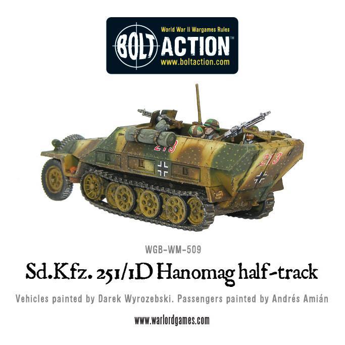 Sd.Kfz 251/1 Ausf D Hanomag - Bolt Action 1/56 28mm - półgąsienicowiec z dwoma karabinami maszynowymi MG42 w kamuflażu ambush z trzema członkami załogi - widok z boku - Warlord Games