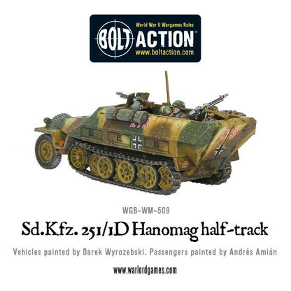 Sd.Kfz 251/1 Ausf D Hanomag - Bolt Action 1/56 28mm - półgąsienicowiec z dwoma karabinami maszynowymi MG42 w kamuflażu ambush z trzema członkami załogi - widok z boku - Warlord Games