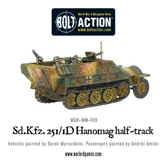 Sd.Kfz 251/1 Ausf D Hanomag - Bolt Action 1/56 28mm - półgąsienicowiec z dwoma karabinami maszynowymi MG42 w kamuflażu ambush numer 213 z trzema członkami załogi - widok z góry z trzema czwartymi - Warlord Games