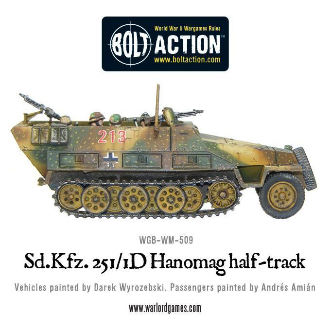 Sd.Kfz 251/1 Ausf D Hanomag - Bolt Action 1/56 28mm - półgąsienicowiec z karabinami maszynowymi MG42 w kamuflażu ambush z trzema członkami załogi - widok z boku z prostymi płaskimi panelami pancerza - Warlord Games