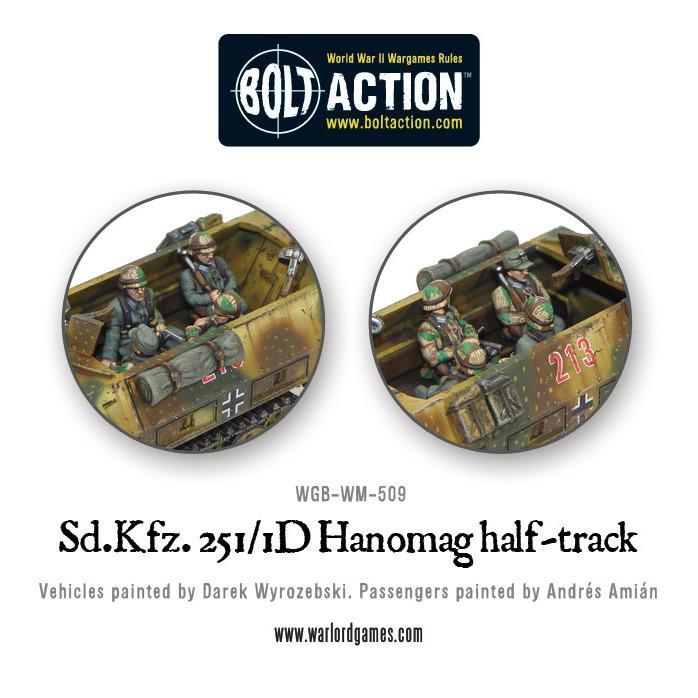 Sd.Kfz 251/1 Ausf D Hanomag - Bolt Action 1/56 28mm - zbliżenie wnętrza z trzema członkami załogi Panzergrenadier w mundurach feldgrau z wyposażeniem karabinami i krzyżem balkenkreuz - Warlord Games