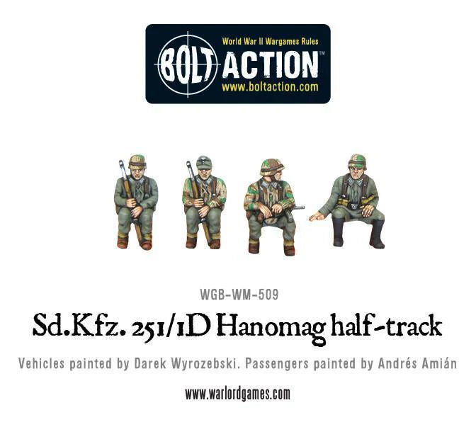 Sd.Kfz 251/1 Ausf D Hanomag - Bolt Action 1/56 28mm - czterech członków załogi Panzergrenadier 28mm w mundurach feldgrau siedzących kierowca dowódca dwóch żołnierzy z karabinami - Warlord Games