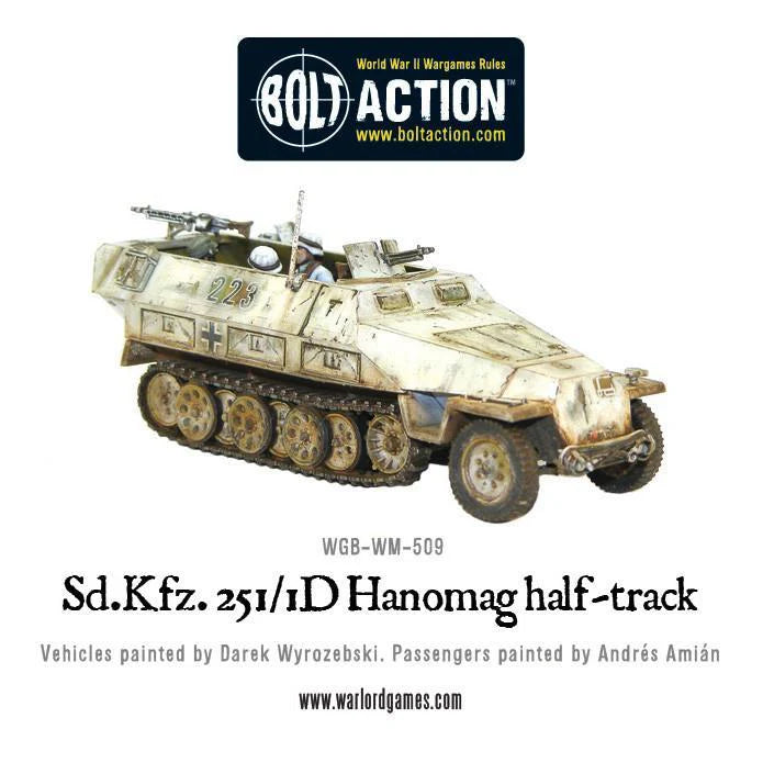 Sd.Kfz 251/1 Ausf D Hanomag - Bolt Action 1/56 28mm - półgąsienicowiec z dwoma karabinami maszynowymi MG42 w zimowym kamuflażu białym numer 213 z efektami weathering - widok z boku z trzema czwartymi - Warlord Games