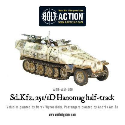Sd.Kfz 251/1 Ausf D Hanomag - Bolt Action 1/56 28mm - półgąsienicowiec z dwoma karabinami maszynowymi MG42 w zimowym kamuflażu białym numer 213 z efektami weathering - widok z boku z trzema czwartymi - Warlord Games