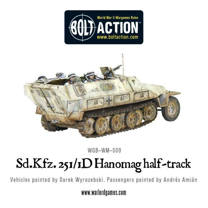 Sd.Kfz 251/1 Ausf D Hanomag - Bolt Action 1/56 28mm - półgąsienicowiec z dwoma karabinami maszynowymi MG42 w zimowym kamuflażu białym numer 213 z efektami weathering śnieg błoto - widok z tyłu z trzema czwartymi - Warlord Games