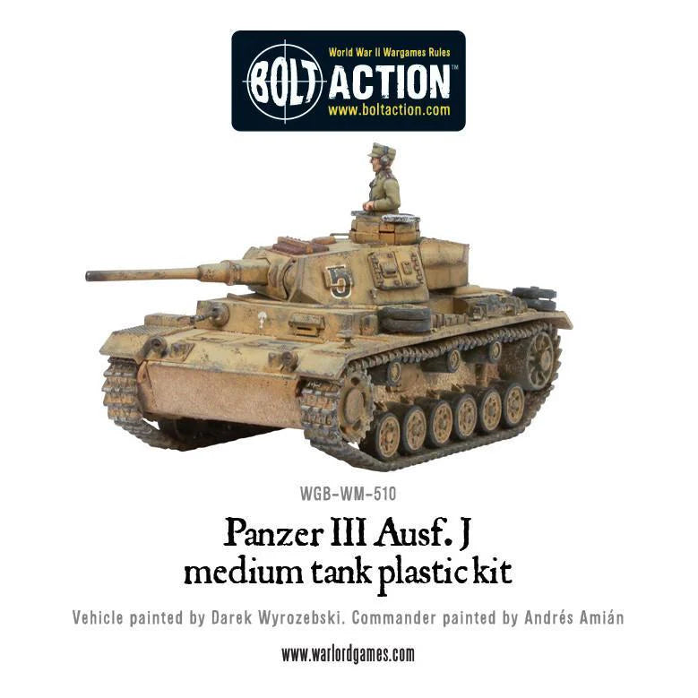 Panzer III Ausf J - Bolt Action 1/56 28mm - czołg średni z armatą 5cm KwK 38 w kamuflażu pustynnym z dowódcą - widok z boku - Warlord Games