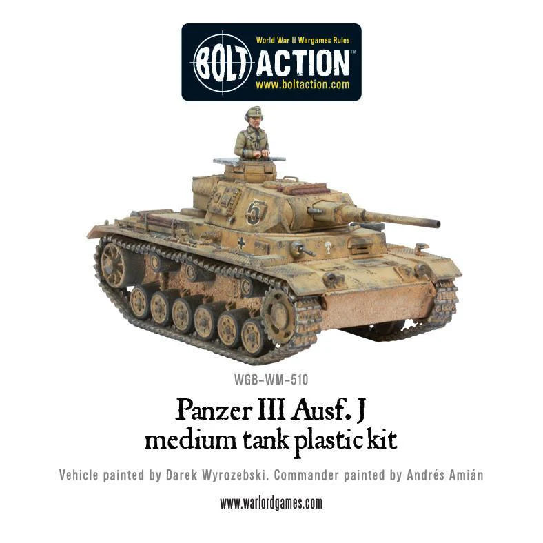 Panzer III Ausf J - Bolt Action 1/56 28mm - czołg średni z armatą 5cm KwK 38 w kamuflażu pustynnym z dowódcą - widok z boku z wyposażeniem - Warlord Games