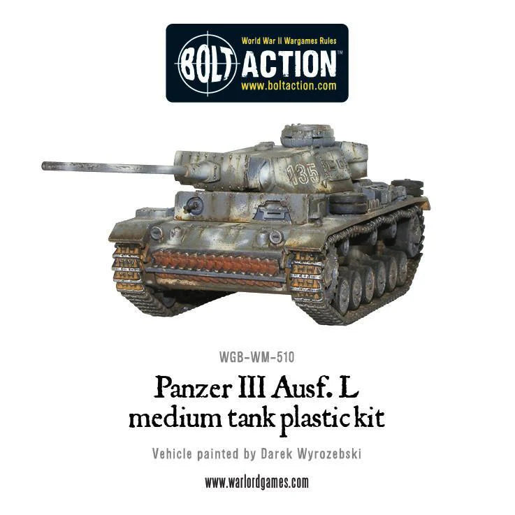 Panzer III Ausf L - Bolt Action 1/56 28mm - czołg średni z długą armatą 5cm KwK 39 L/60 w zimowym kamuflażu numer 135 - widok z przodu z efektami weathering - Warlord Games