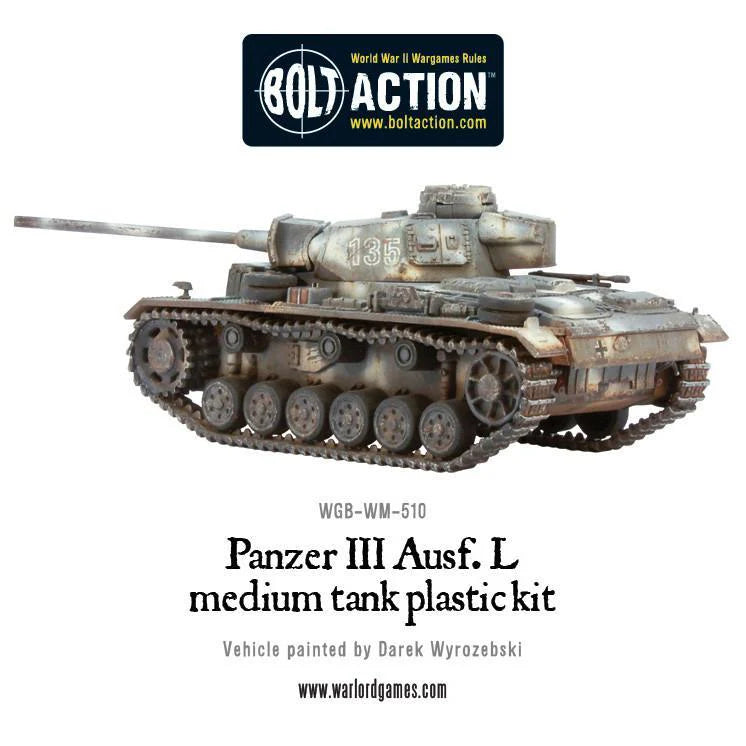 Panzer III Ausf L - Bolt Action 1/56 28mm - czołg średni z długą armatą 5cm KwK 39 L/60 w zimowym kamuflażu numer 135 - widok z boku z efektami weathering - Warlord Games