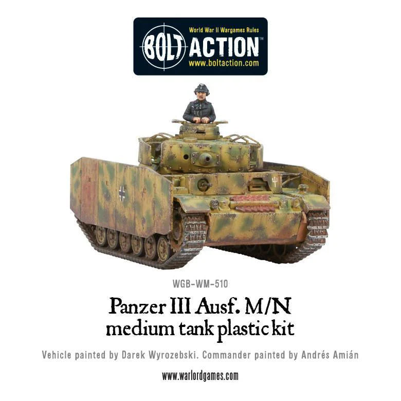 Panzer III Ausf M N - Bolt Action 1/56 28mm - czołg z armatą 7,5cm KwK 37 w kamuflażu ambush numer 122 z dowódcą i osłonami schürzen - widok z przodu - Warlord Games