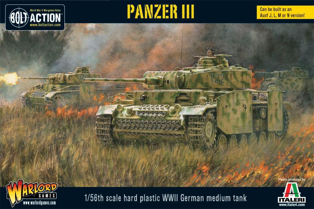 Panzer III - Bolt Action 1/56 28mm - opakowanie pudełko z ilustracją Panzer III numer 122 w kamuflażu ambush w walce - plastikowy model Italeri - Warlord Games