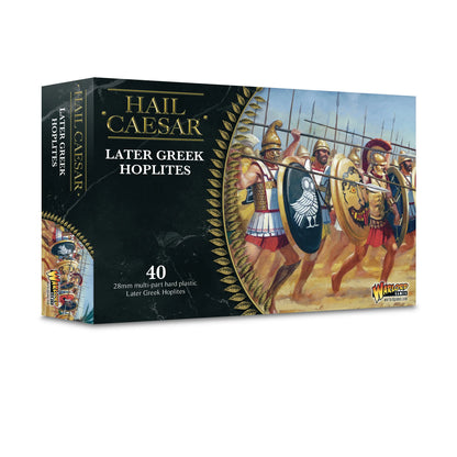 Pudełko zestawu Later Greek Hoplites WGH-GR-03 – Hail Caesar, ilustracja hoplitów w złotych hełmach korynckich z włóczniami i tarczami aspis z sową Ateny, 40 wieloczęściowych plastikowych figurek 28mm, Warlord Games
