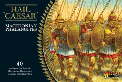 Pudełko zestawu Macedonian Phalangites WGH-GR-04 – Hail Caesar, ilustracja macedońskich falangitów w złotych hełmach z sarissami i tarczami aspis z gwiazdą vergińską, 40 wielopozycyjnych plastikowych figurek 28mm, Warlord Games
