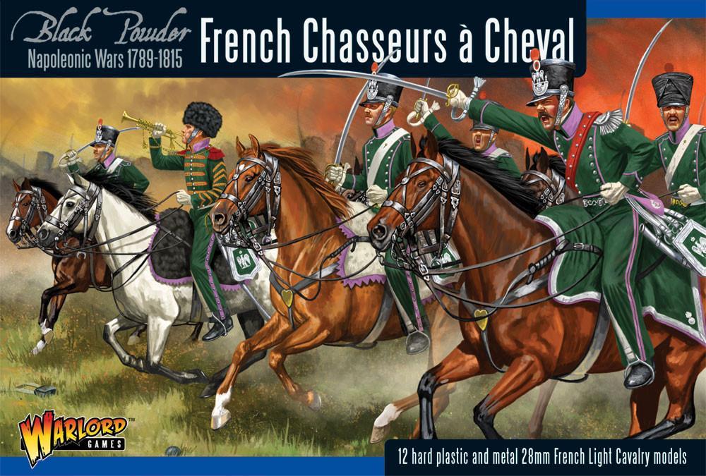Pudełko zestawu French Chasseurs à Cheval – Black Powder Napoleonic Wars 1789-1815, Warlord Games, 12 figurek lekkiej kawalerii 28mm
