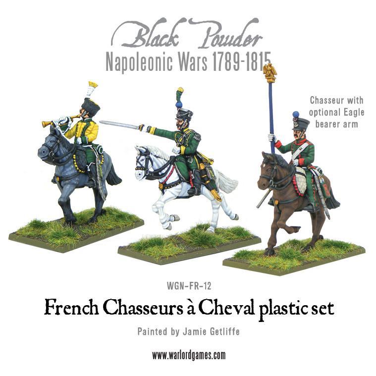 French Chasseurs à Cheval WGN-FR-12 – trzy figurki dowódcze: trębacz, oficer i chorąży z orłem, plastikowy zestaw 28mm Warlord Games
