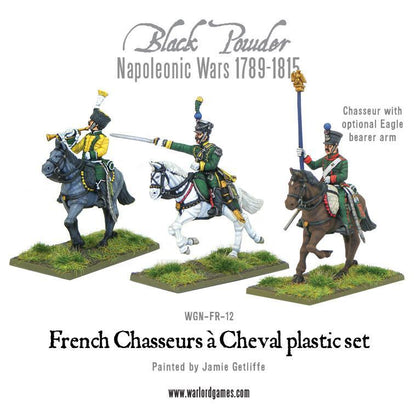 French Chasseurs à Cheval WGN-FR-12 – trzy figurki dowódcze: trębacz, oficer i chorąży z orłem, plastikowy zestaw 28mm Warlord Games
