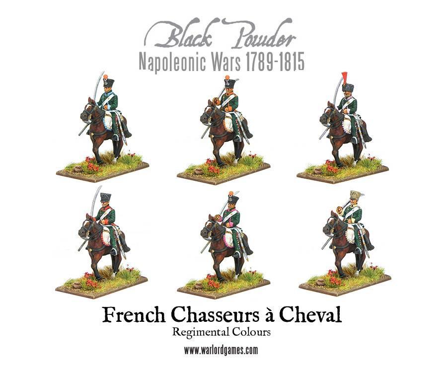 French Chasseurs à Cheval – sześć figurek jeźdźców w różnych pozach, Regimental Colours, Black Powder Napoleonic Wars 1789-1815

