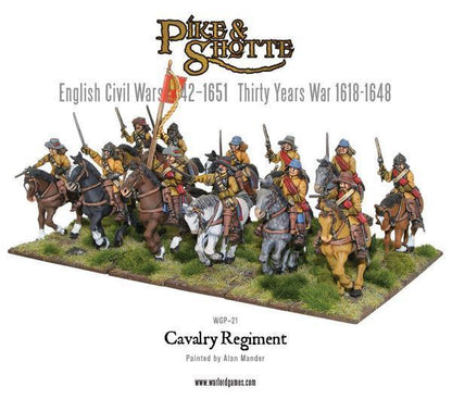 Pike & Shotte For King & Country - regiment kawalerii WGP-21 - 12 pomalowanych figurek jeźdźców w żółto-brązowych mundurach na koniach różnej maści z chorążym trzymającym czerwoną flagę - English Civil Wars 1642-1651 Thirty Years War 1618-1648 - Warlord Games WGP-START-01
