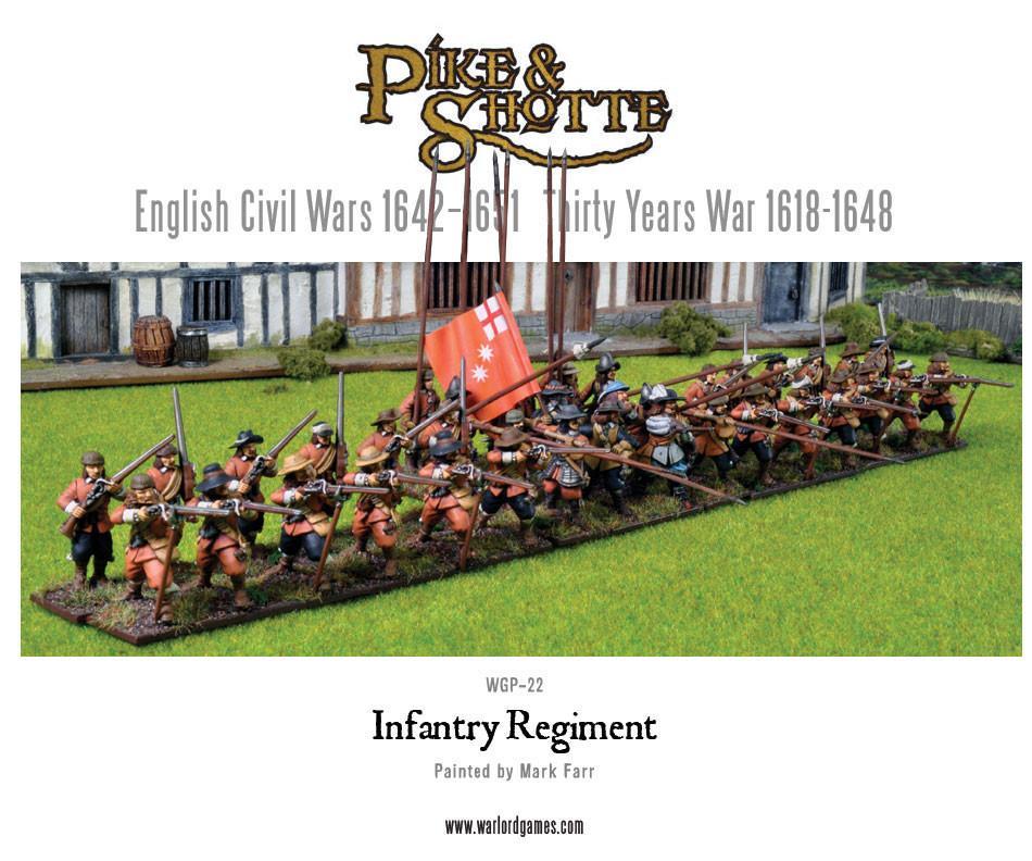 Infantry Regiment Pike & Shotte - 40 pomalowanych figurek piechoty w czerwono-brązowych mundurach szarżujących przy drewnianym budynku - pikinierzy z długimi pikami, muszkieterzy z muszkietami i chorąży z czerwoną flagą z białym krzyżem - English Civil Wars 1642-1651 Thirty Years War 1618-1648 - Warlord Games WGP-22 - warlordgames.com
