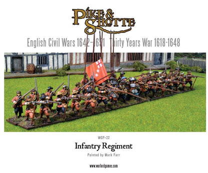 Infantry Regiment Pike & Shotte - 40 pomalowanych figurek piechoty w czerwono-brązowych mundurach szarżujących przy drewnianym budynku - pikinierzy z długimi pikami, muszkieterzy z muszkietami i chorąży z czerwoną flagą z białym krzyżem - English Civil Wars 1642-1651 Thirty Years War 1618-1648 - Warlord Games WGP-22 - warlordgames.com
