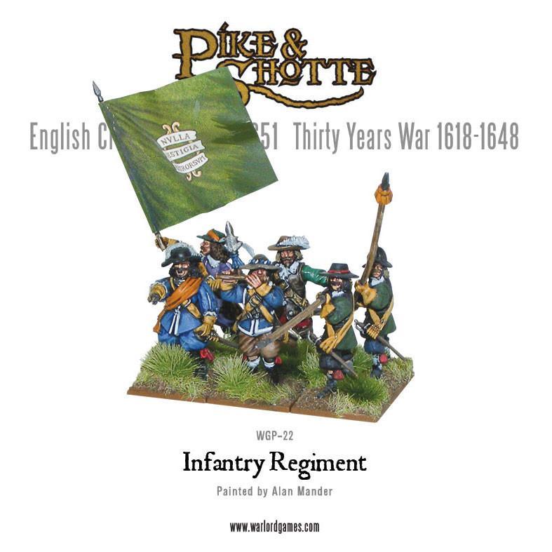 Infantry Regiment Pike & Shotte - 5 pomalowanych figurek dowództwa na podstawce: chorąży z zieloną flagą z napisem Nvlla Vestigia Retrorsvn, oficer z pomarańczową szarfą i szablą, pikinierz, muszkieter i bębnista - kolorowe mundury niebiesko-zielone - English Civil Wars / Thirty Years War - Warlord Games WGP-22 - warlordgames.com
