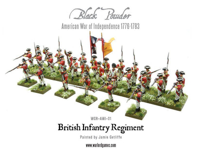 British Infantry Regiment WGR-AWI-01 – pełny regiment 30 pomalowanych figurek w czerwonych mundurach z chorążymi niosącymi flagi i oficerami, widok z boku, 28mm Black Powder AWI
