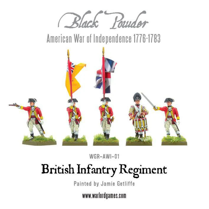 British Infantry Regiment WGR-AWI-01 – pięć figurek dowództwa: oficer, dwóch chorążych z flagami Union Jack i żółtą, bębniarz i sierżant w czerwonych mundurach, 28mm Black Powder AWI
