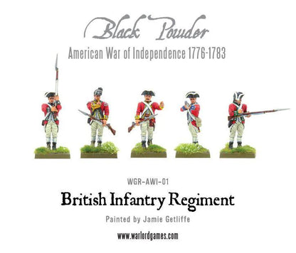 British Infantry Regiment WGR-AWI-01 – pięć figurek muszkieterów i oficera w różnych pozach bojowych w czerwonych mundurach z białymi pasami, 28mm Black Powder AWI Warlord Games
