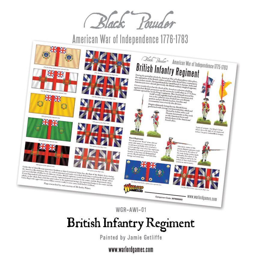 British Infantry Regiment WGR-AWI-01 – 4-stronicowy przewodnik historyczny z 12 kolorowymi flagami brytyjskich regimentów AWI i opisem jednostki, Black Powder American War of Independence
