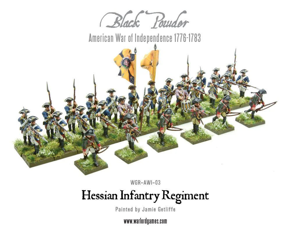 Hessian Infantry Regiment WGR-AWI-03 – 4-stronicowy przewodnik historyczny z 14 kolorowymi flagami heskich regimentów AWI i opisem jednostki, Black Powder American War of Independence
