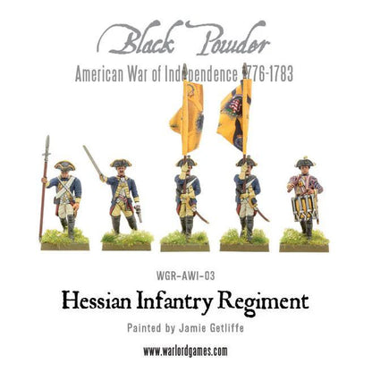 Hessian Infantry Regiment WGR-AWI-03 – pięć figurek dowództwa: oficer z halabardą, oficer z szablą, dwóch chorążych z żółtymi flagami i bębniarz w niebieskich mundurach, 28mm Black Powder AWI
