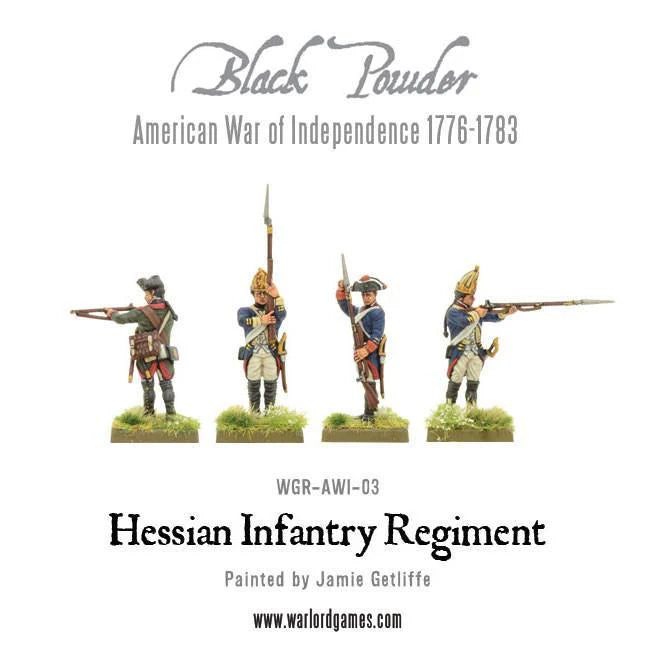 Hessian Infantry Regiment WGR-AWI-03 – cztery figurki: Jäger w brązowym mundurze, grenadier w mitrze i dwóch muszkieterów w różnych pozach bojowych, 28mm Black Powder AWI
