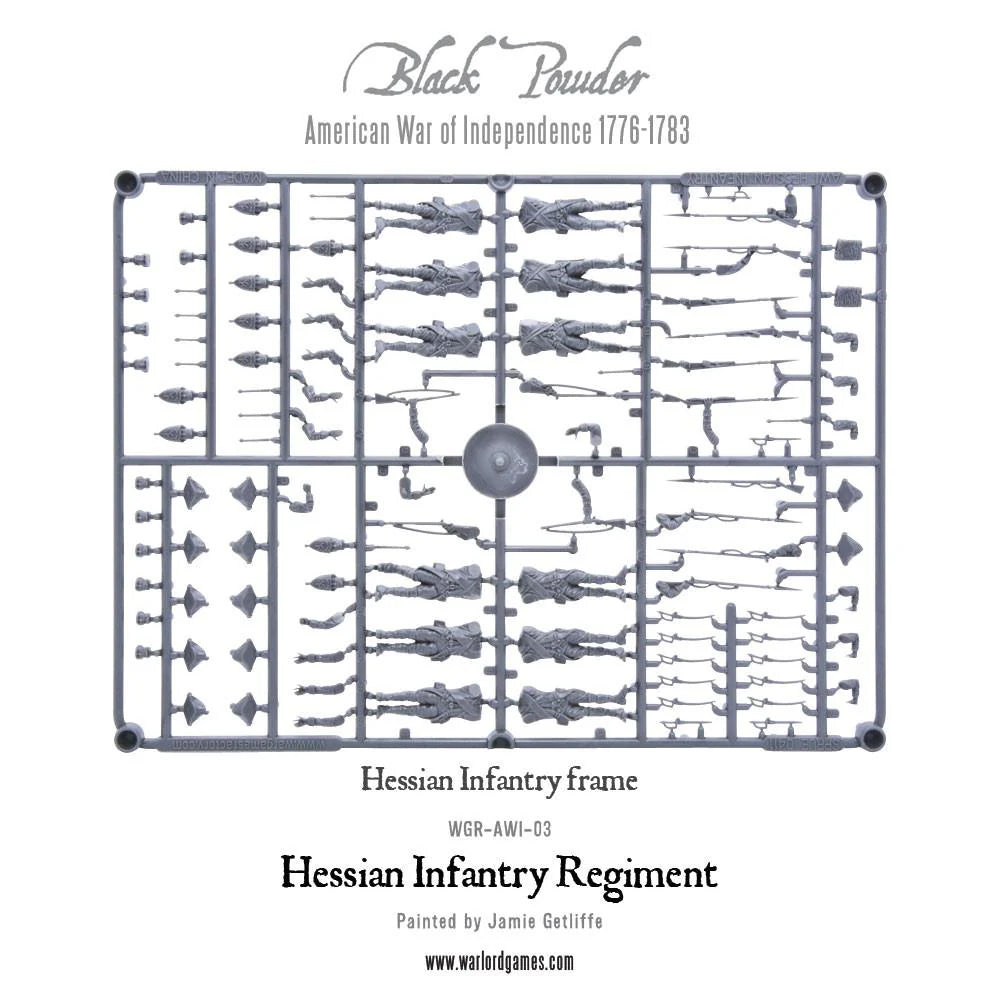 Hessian Infantry Regiment WGR-AWI-03 – szara ramka plastikowa Hessian Infantry Command Frame z figurkami dowództwa, flagami, bębnem i akcesoriami, zestaw do montażu 28mm Black Powder
