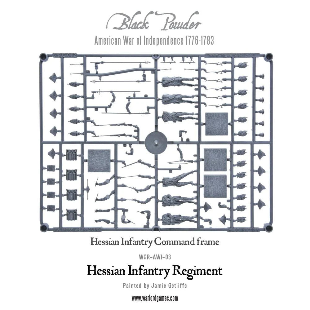 Hessian Infantry Regiment WGR-AWI-03 – szara ramka plastikowa Hessian Infantry Frame z figurkami piechurów, muszkietami, bagnetami i akcesoriami, zestaw do montażu 28mm Black Powder
