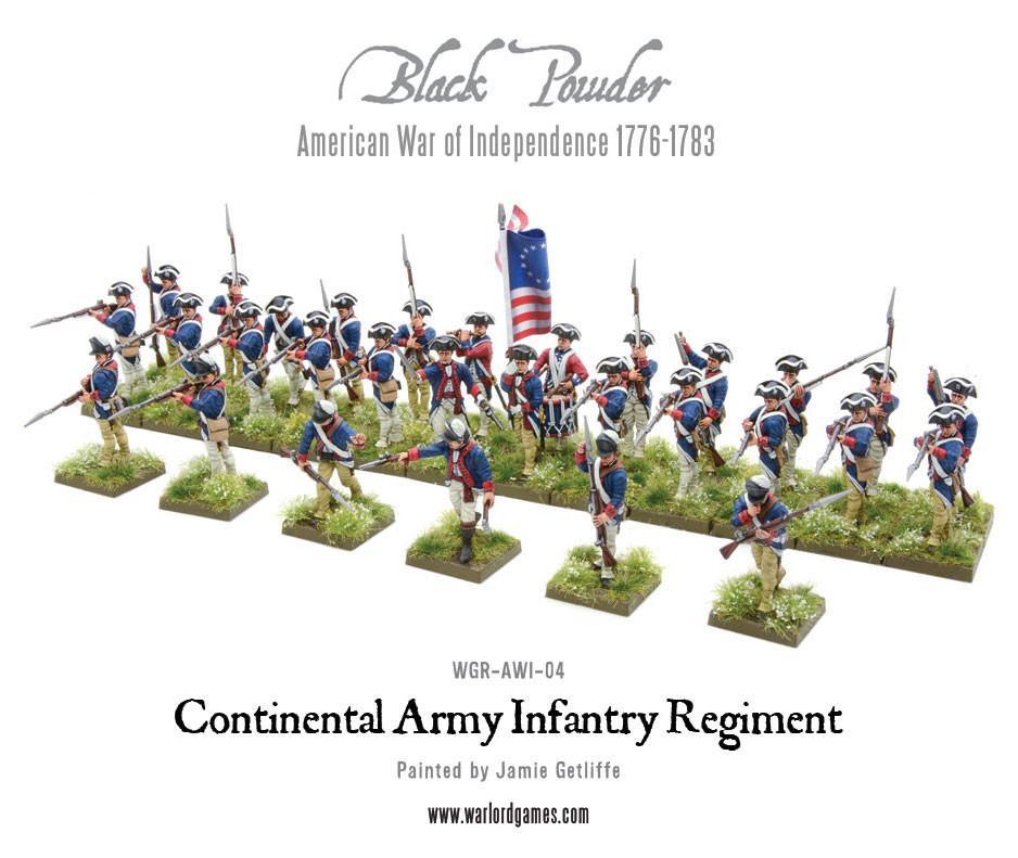 Continental Army Infantry Regiment WGR-AWI-04 – pełny regiment 30 pomalowanych figurek w niebieskich mundurach z czerwonymi wyłożeniami, chorążym z flagą Betsy Ross i bębniarzem, 28mm Black Powder AWI
