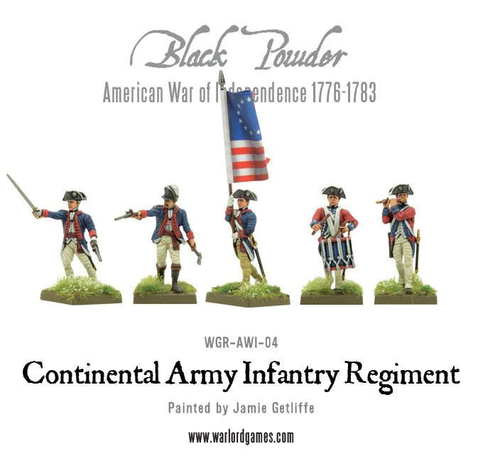 Continental Army Infantry Regiment WGR-AWI-04 – pięć figurek dowództwa: dwóch oficerów, chorąży z flagą Betsy Ross, bębniarz i sierżant w niebieskich i czerwonych mundurach, 28mm Black Powder AWI
