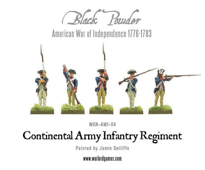 Continental Army Infantry Regiment WGR-AWI-04 – pięć figurek muszkieterów w różnych pozach bojowych: marsz, ładowanie i celowanie, niebieskie mundury z czerwonymi wyłożeniami, 28mm Black Powder AWI
