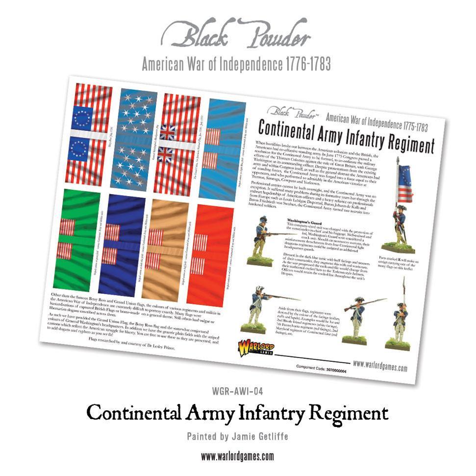Continental Army Infantry Regiment WGR-AWI-04 – 4-stronicowy przewodnik historyczny z 8 kolorowymi flagami armii kontynentalnej AWI i opisem jednostki, Black Powder American War of Independence
