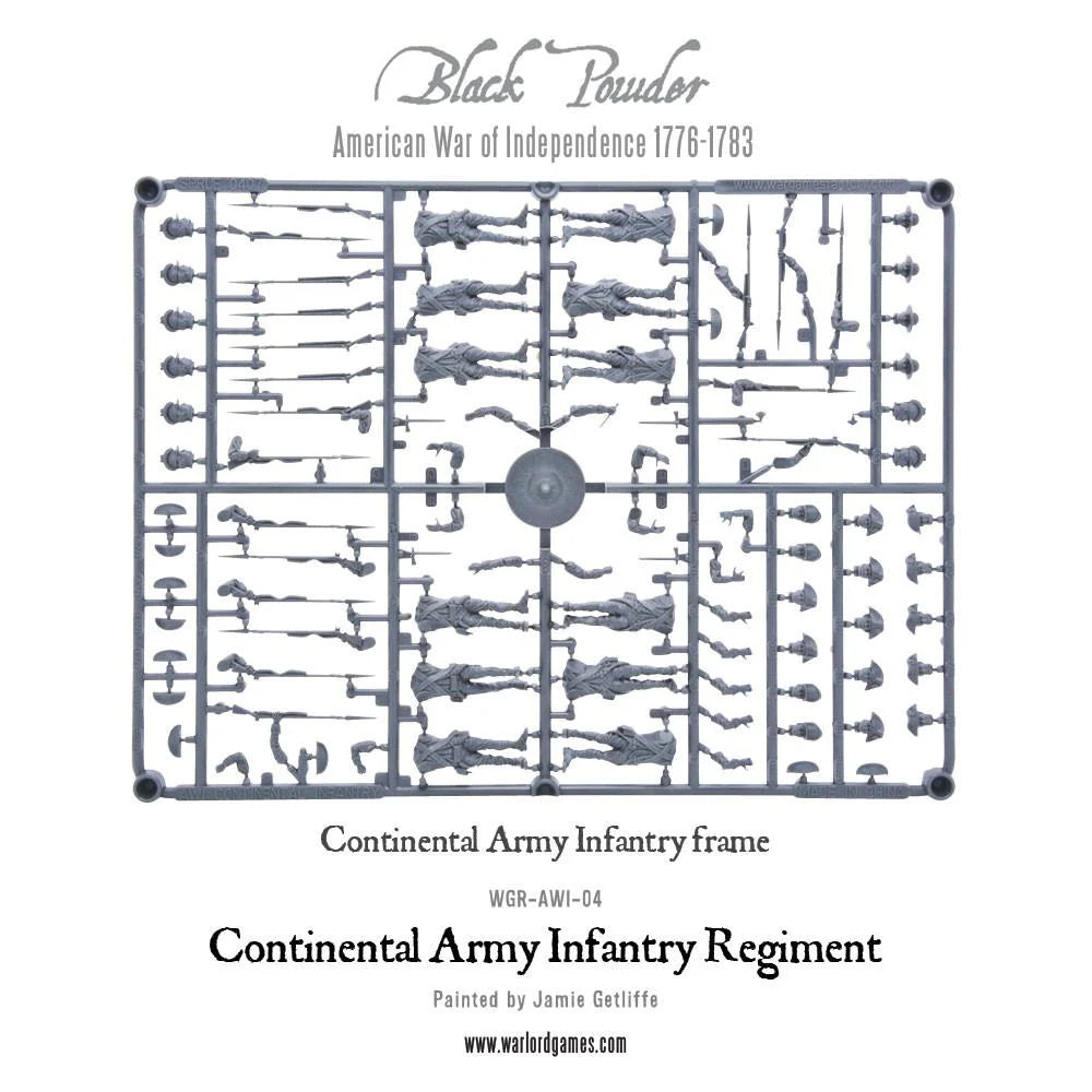 Continental Army Infantry Regiment WGR-AWI-04 – szara ramka plastikowa Continental Army Infantry Frame z tułowiami, głowami, muszkietami i akcesoriami, zestaw do montażu 28mm Black Powder
