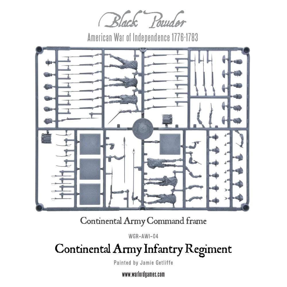 Continental Army Infantry Regiment WGR-AWI-04 – szara ramka plastikowa Continental Army Command Frame z figurkami dowództwa, flagami, bębnem i akcesoriami, zestaw do montażu 28mm Black Powder
