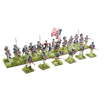 Continental Army Infantry Regiment WGR-AWI-04 – widok całego regimentu 30 pomalowanych figurek amerykańskiej piechoty kontynentalnej w niebieskich mundurach z flagą Stars and Stripes, 28mm Black Powder AWI
