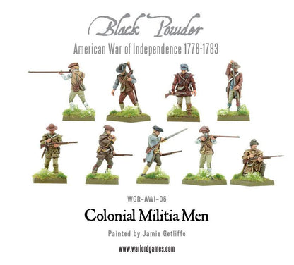 Colonial Militia Men WGR-AWI-06 – dziewięć pomalowanych figurek milicjantów w różnych pozach: celowanie, marsz i klęk, różnorodne ubrania cywilne i koszule myśliwskie, 28mm Black Powder AWI
