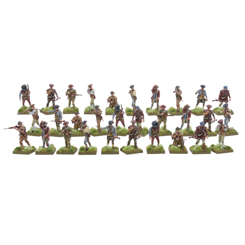 Colonial Militia Men WGR-AWI-06 – widok całego oddziału 30 pomalowanych figurek kolonialnej milicji w cywilnych ubraniach i koszulach myśliwskich z muszkietami, 28mm Black Powder AWI

