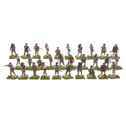 Colonial Militia Men WGR-AWI-06 – widok całego oddziału 30 pomalowanych figurek kolonialnej milicji w cywilnych ubraniach i koszulach myśliwskich z muszkietami, 28mm Black Powder AWI
