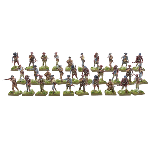Colonial Militia Men WGR-AWI-06 – widok całego oddziału 30 pomalowanych figurek kolonialnej milicji w cywilnych ubraniach i koszulach myśliwskich z muszkietami, 28mm Black Powder AWI
