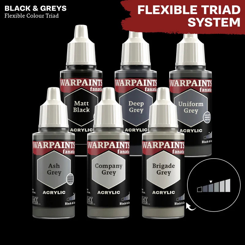 Black & Greys - triada kolorów Warpaints Fanatic: Matt Black, Deep Grey, Ash Grey, Company Grey, Uniform Grey, Brigade Grey
