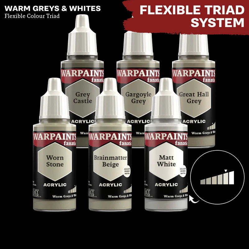 Warm Greys & White - triada kolorów Warpaints Fanatic: Worn Stone, Brainmatter Beige, Matt White, Gargoyle Grey, Great Hall Grey, Grey Castle

