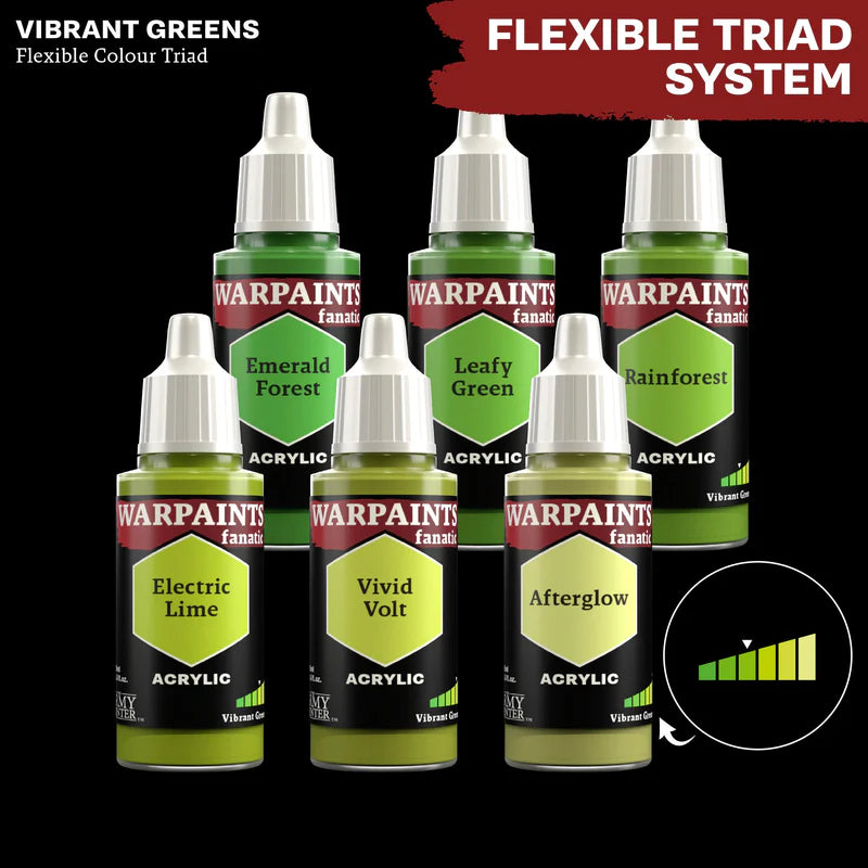 Vibrant Greens - triada kolorów Warpaints Fanatic: Emerald Forest, Electric Lime, Leafy Green, Vivid Volt, Rainforest, Afterglow
