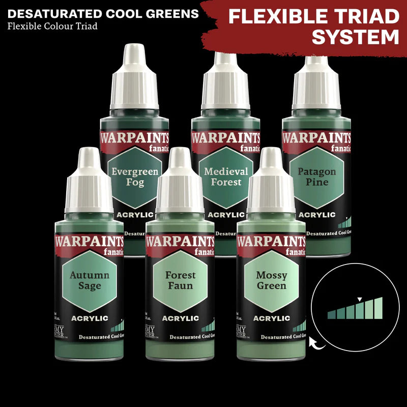 Desaturated Cool Greens - triada kolorów Warpaints Fanatic: Evergreen Fog, Medieval Forest, Paragon Pine, Autumn Sage, Forest Faun, Mossy Green
