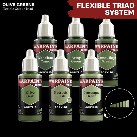 Olive Greens - triada kolorów Warpaints Fanatic: Olive Drab, Woodland Camo, Necrotic Flesh, Army Green, Camouflage Green, Grotesque Green
